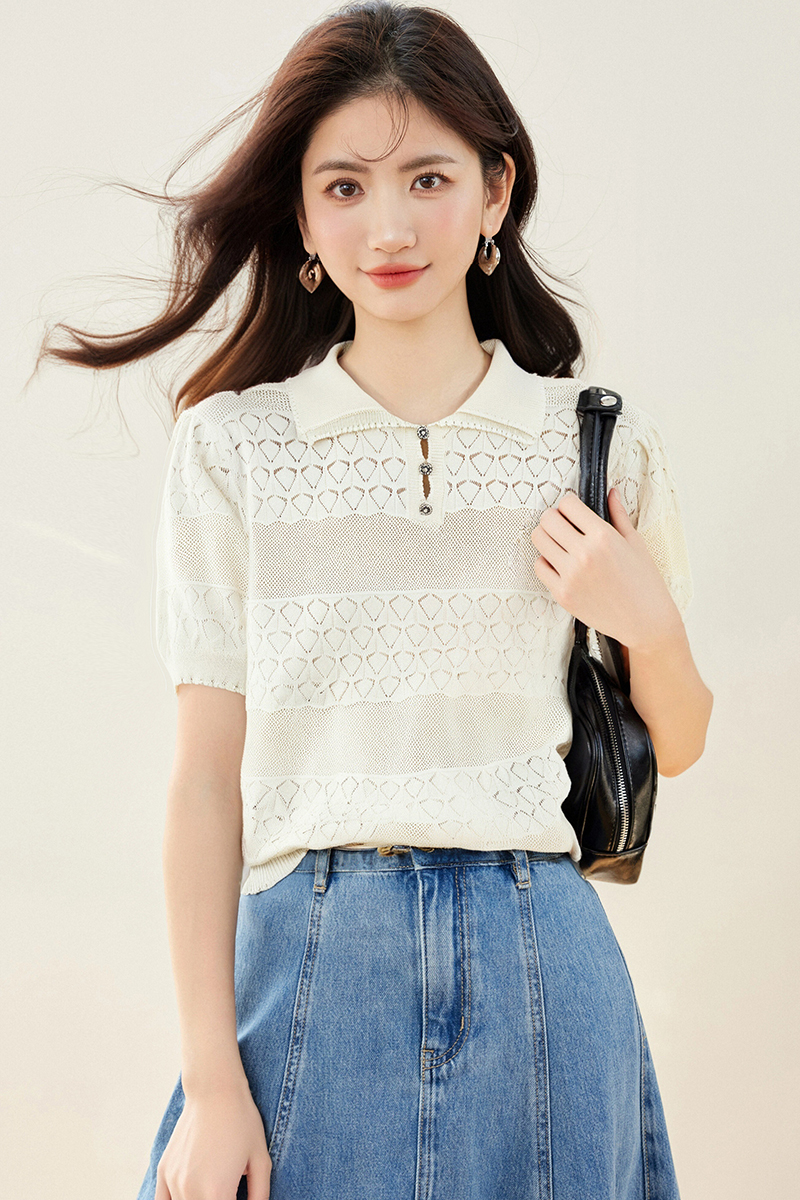 Hollow sweet tops short sleeve maiden sweater for women