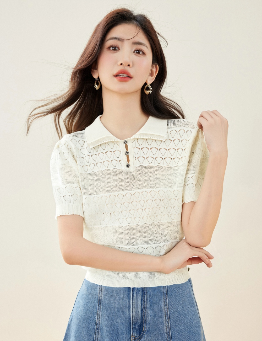 Hollow sweet tops short sleeve maiden sweater for women