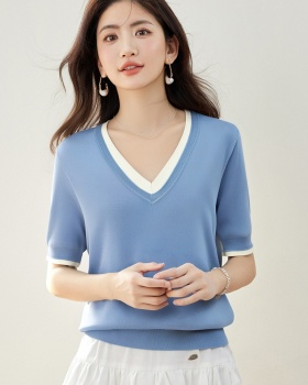 Pseudo-two mixed colors T-shirt temperament tops for women
