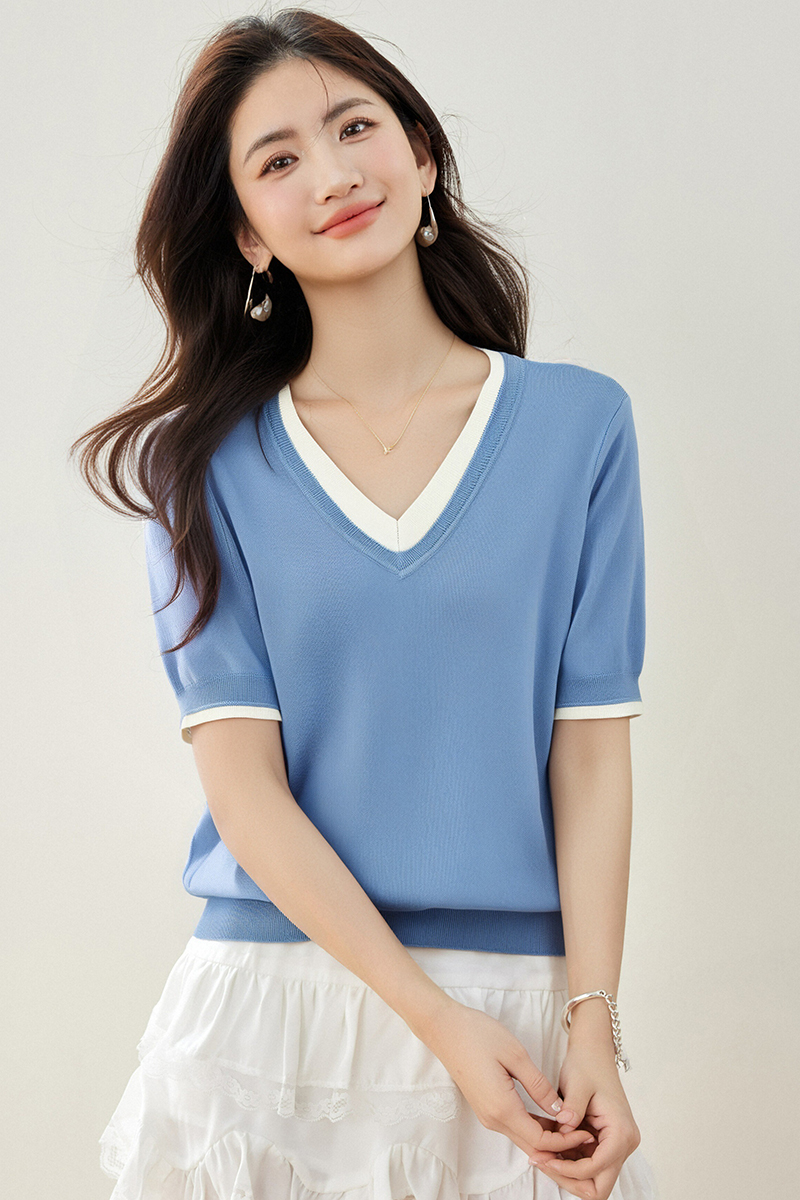 Pseudo-two mixed colors T-shirt temperament tops for women