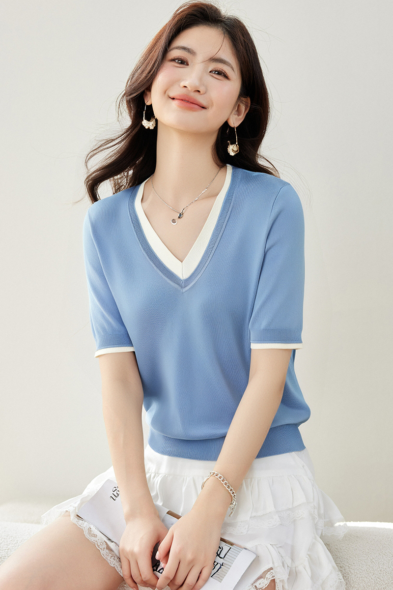 Pseudo-two mixed colors T-shirt temperament tops for women