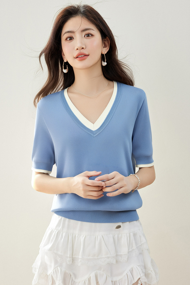 Pseudo-two mixed colors T-shirt temperament tops for women