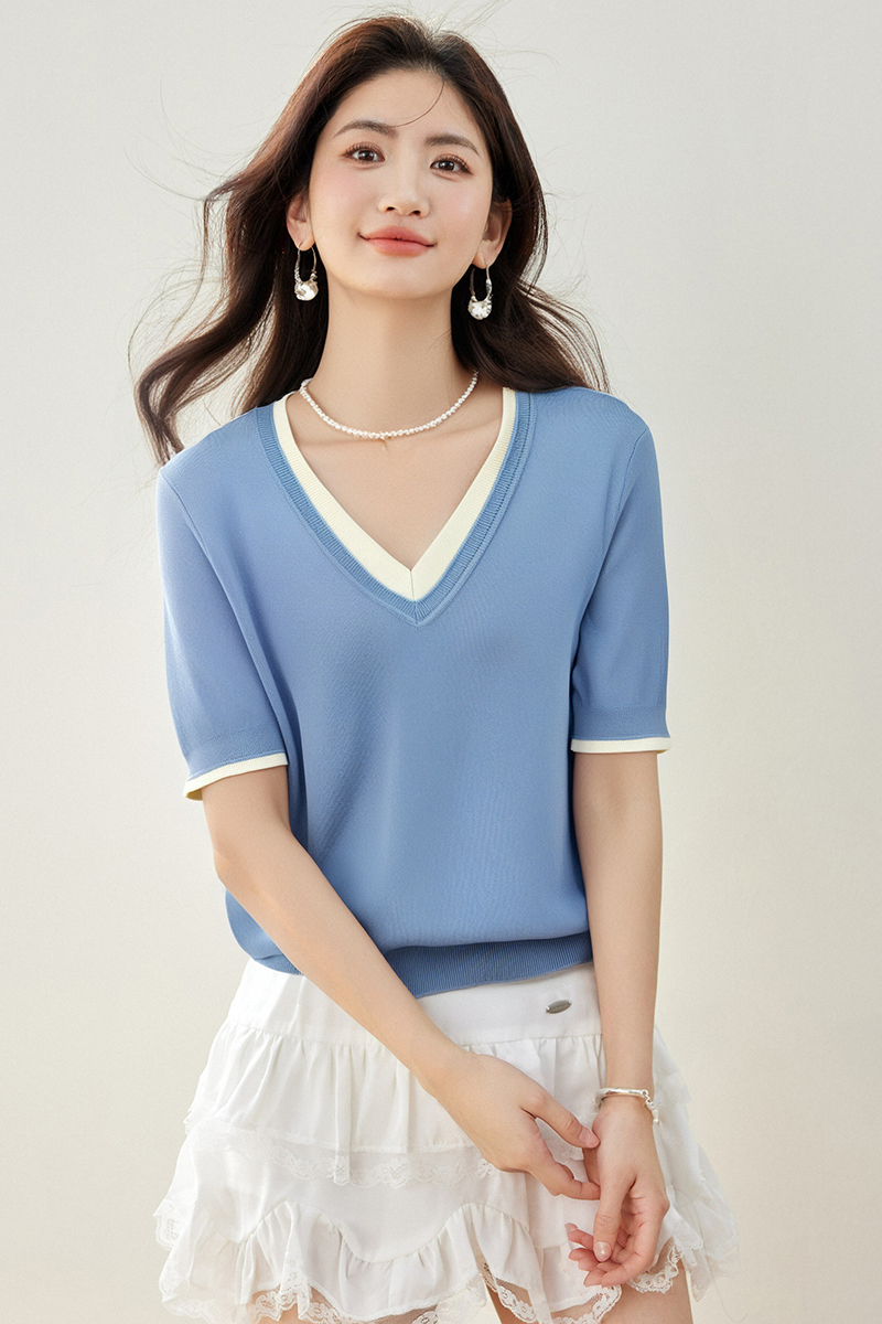 Pseudo-two mixed colors T-shirt temperament tops for women
