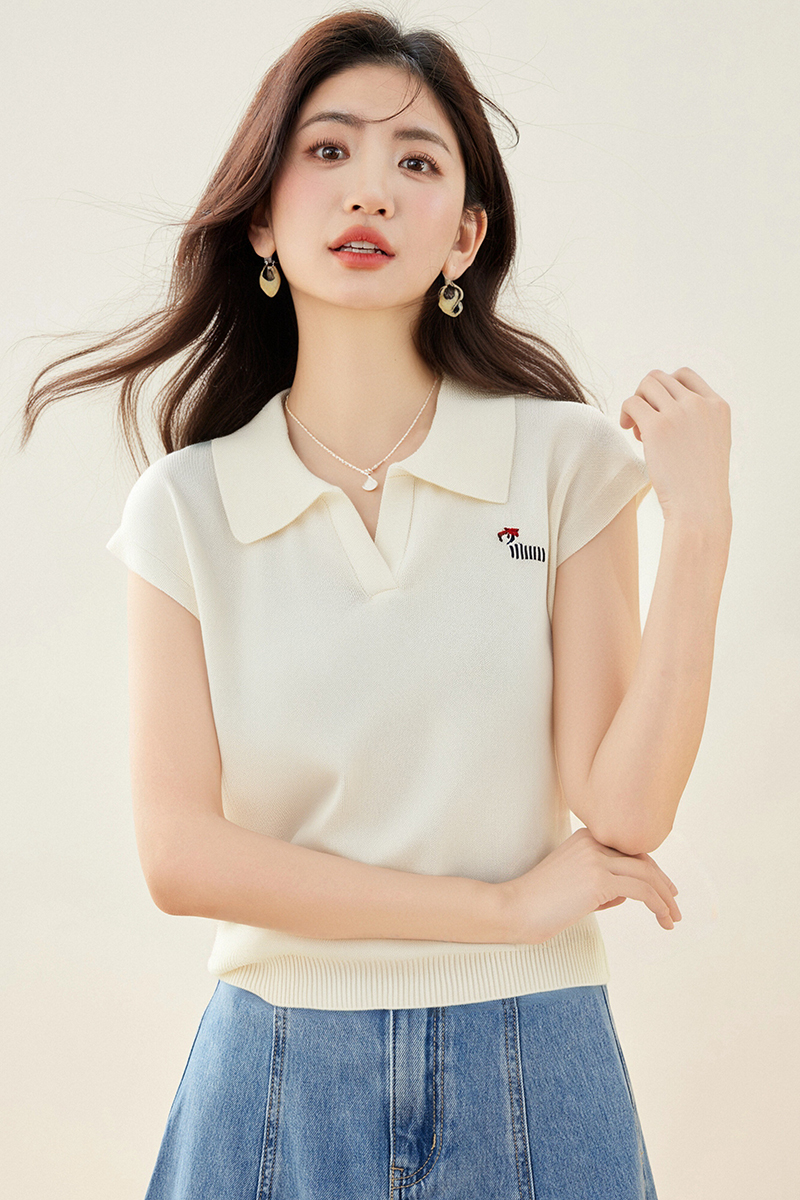 Ice silk V-neck T-shirt knitted short tops for women