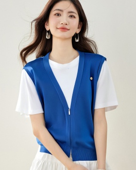 Splice short sleeve sweater Pseudo-two T-shirt for women
