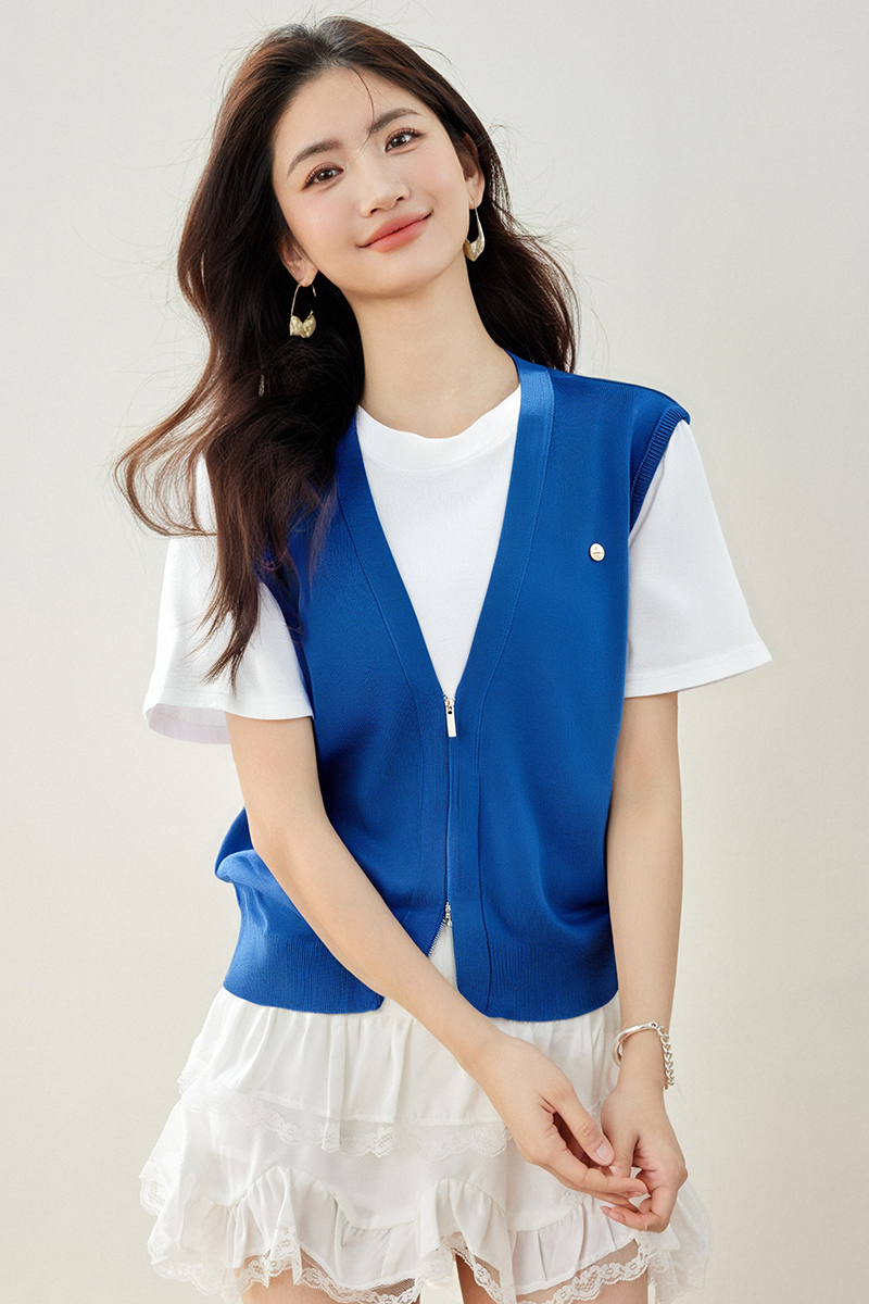 Splice short sleeve sweater Pseudo-two T-shirt for women