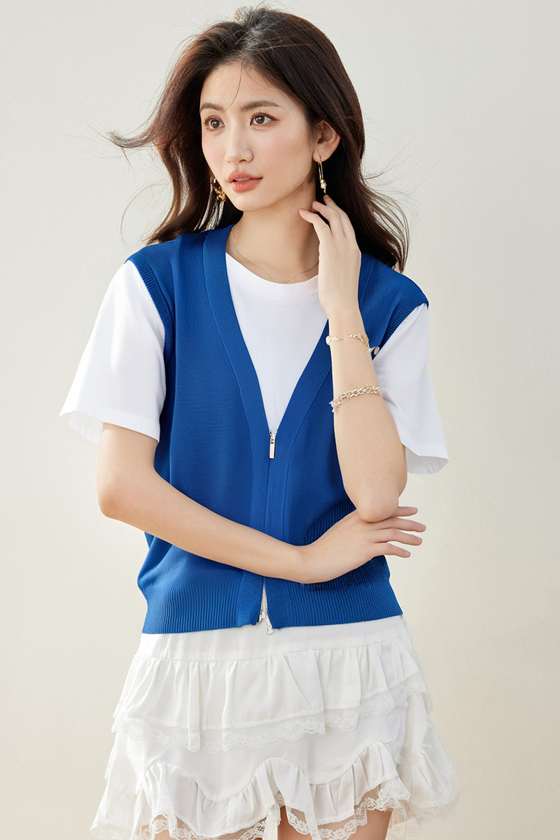 Splice short sleeve sweater Pseudo-two T-shirt for women