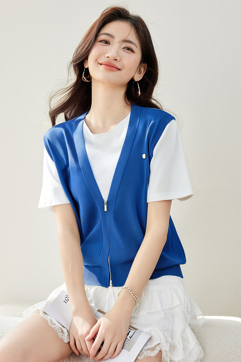 Splice short sleeve sweater Pseudo-two T-shirt for women