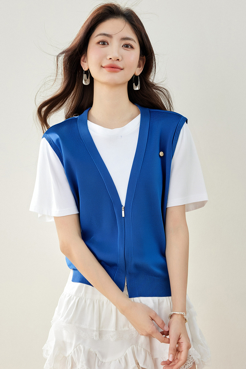Splice short sleeve sweater Pseudo-two T-shirt for women