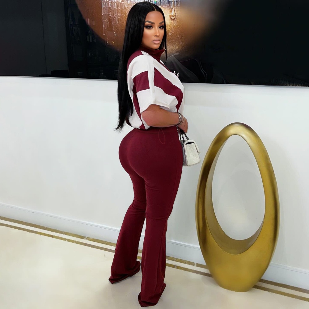 European style splice sports pants 2pcs set for women
