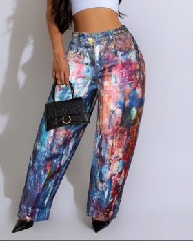 Denim wide leg leather printing Casual long pants