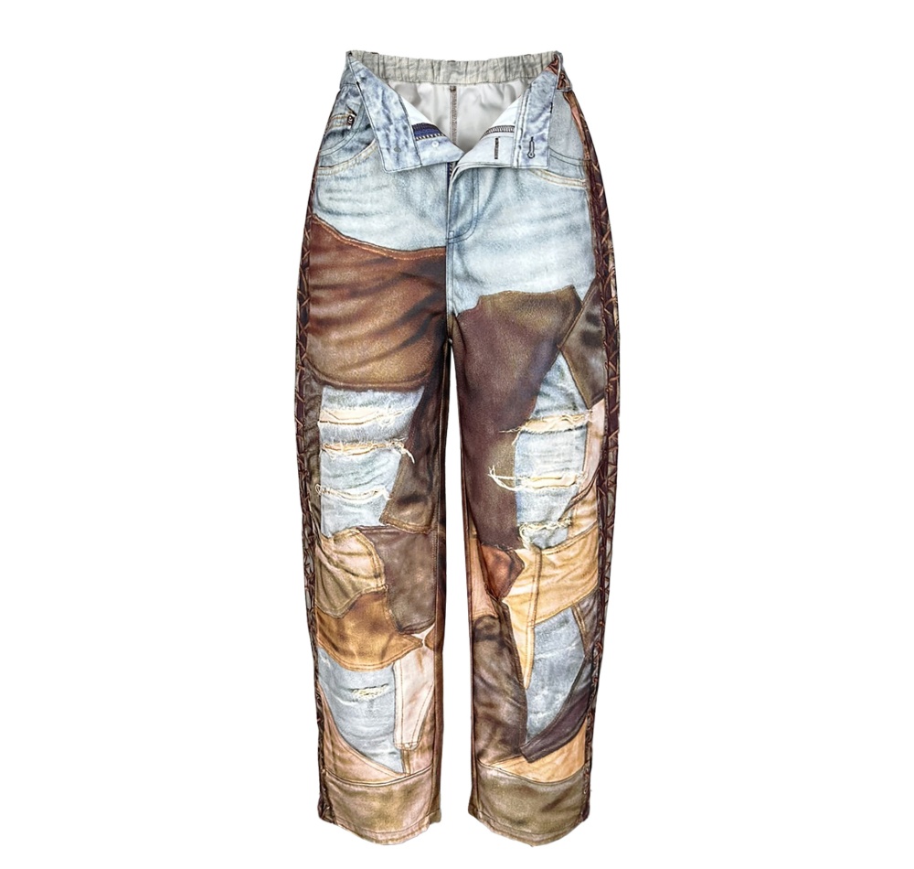 Denim wide leg leather printing Casual long pants