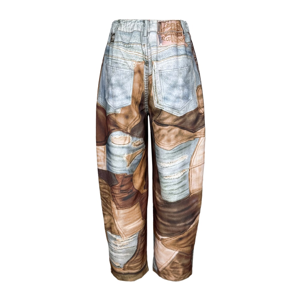 Denim wide leg leather printing Casual long pants