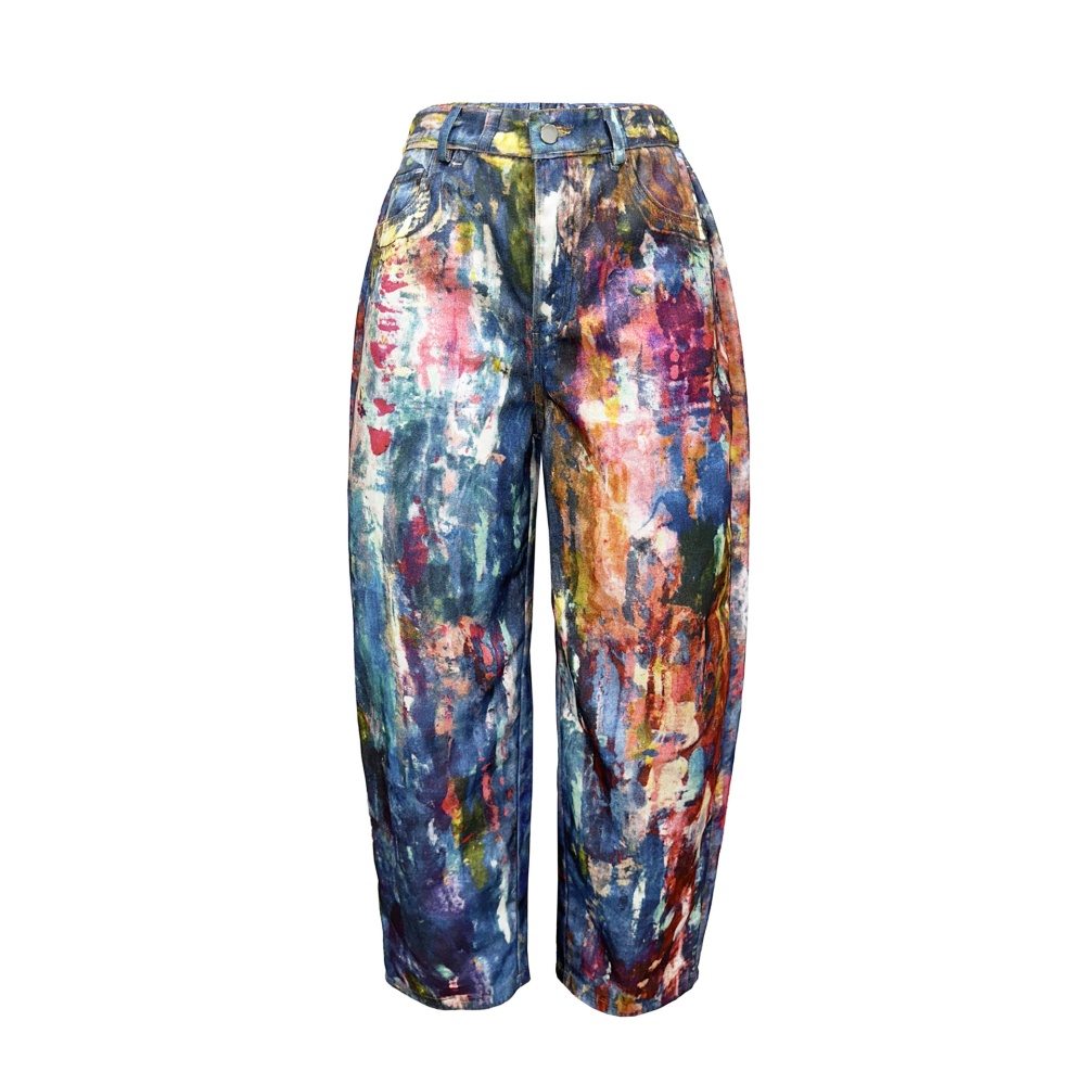Denim wide leg leather printing Casual long pants