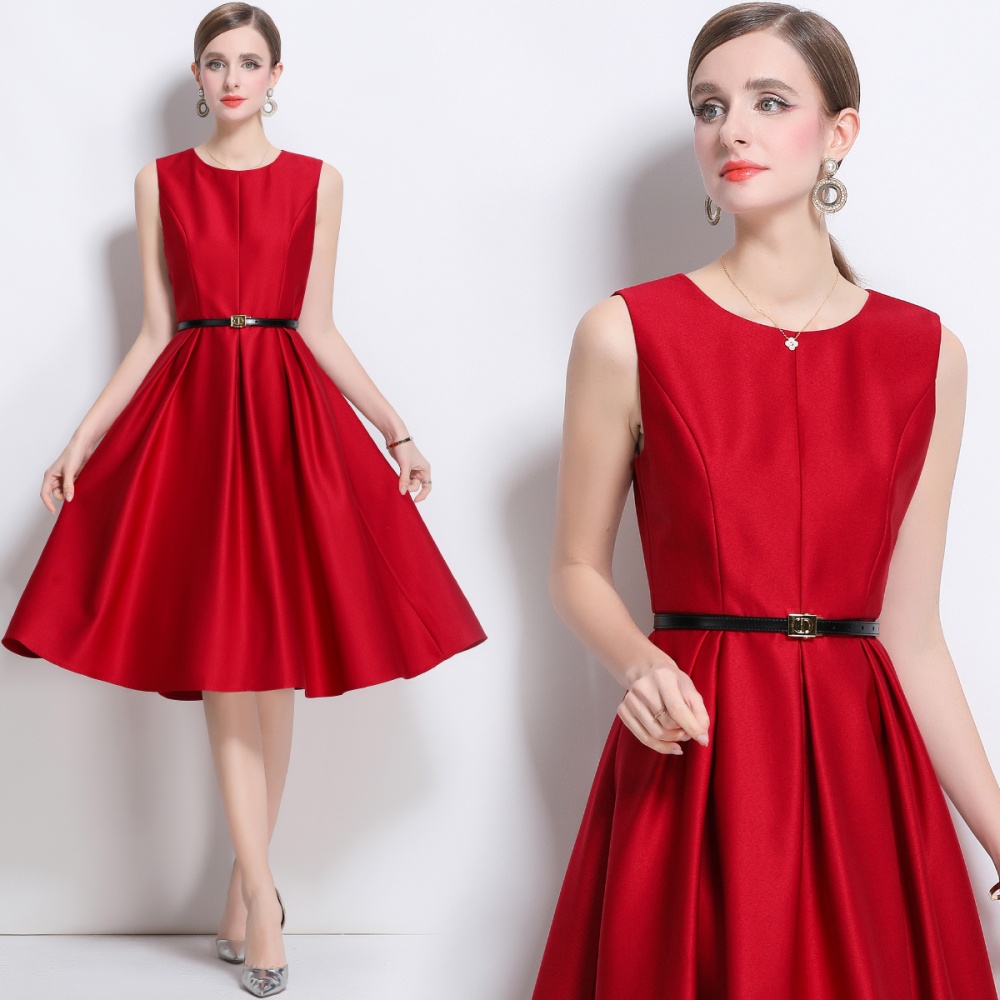 Elegant pinched waist long dress round neck jumpsuit