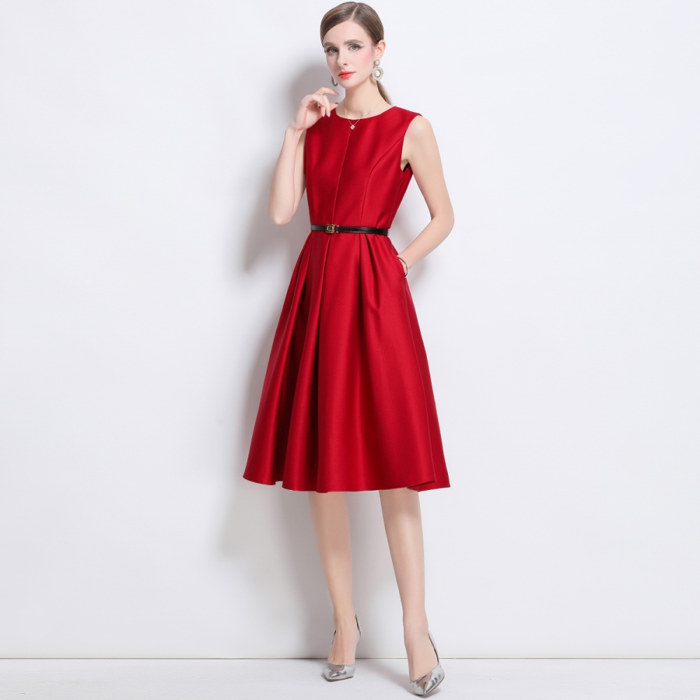 Elegant pinched waist long dress round neck jumpsuit
