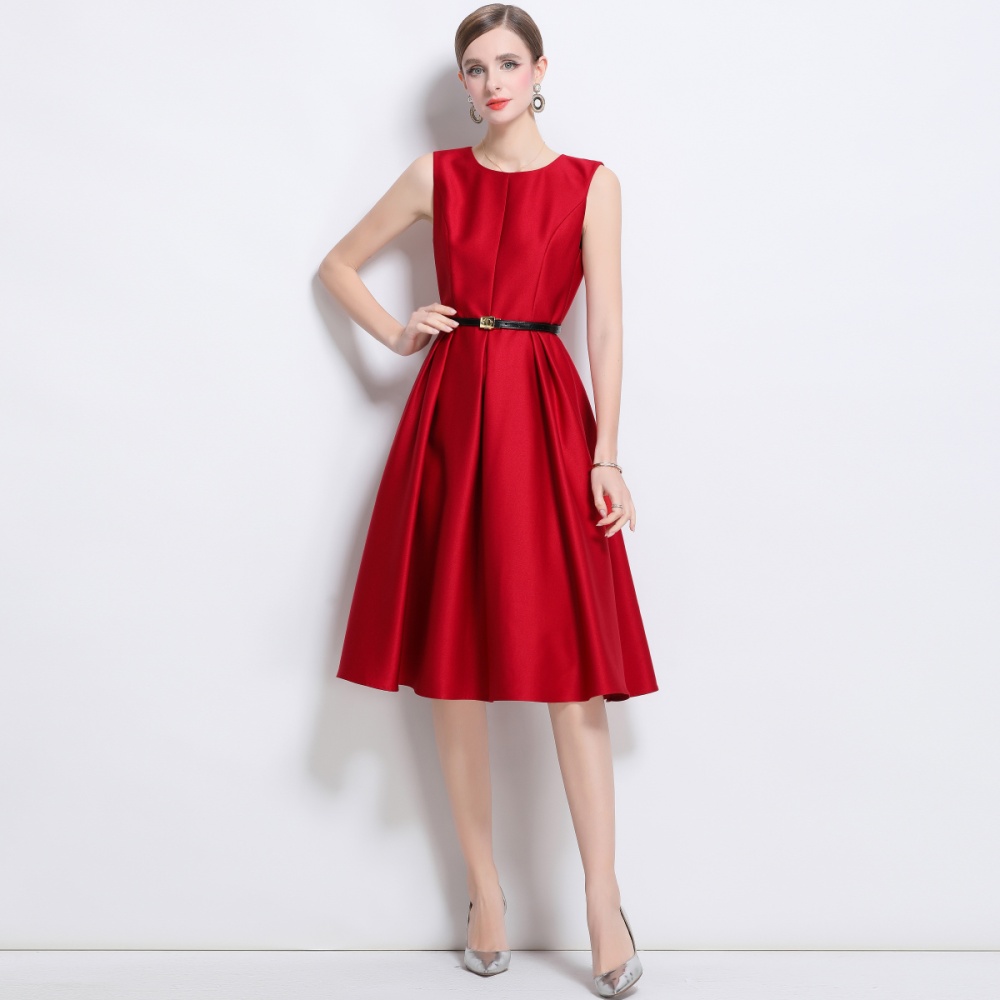 Elegant pinched waist long dress round neck jumpsuit