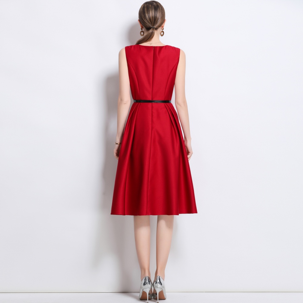 Elegant pinched waist long dress round neck jumpsuit