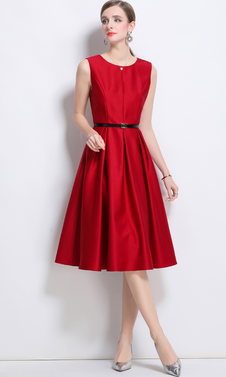 Elegant pinched waist long dress round neck jumpsuit