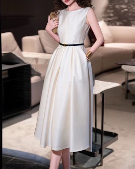 Elegant round neck long dress pinched waist jumpsuit