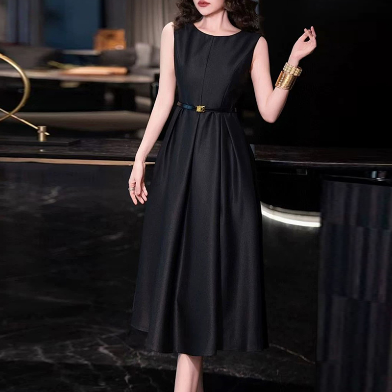 Elegant round neck long dress pinched waist jumpsuit