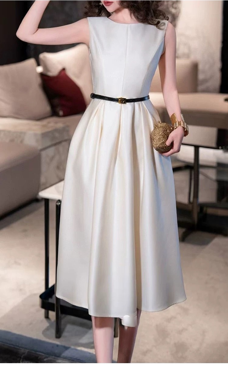 Elegant round neck long dress pinched waist jumpsuit