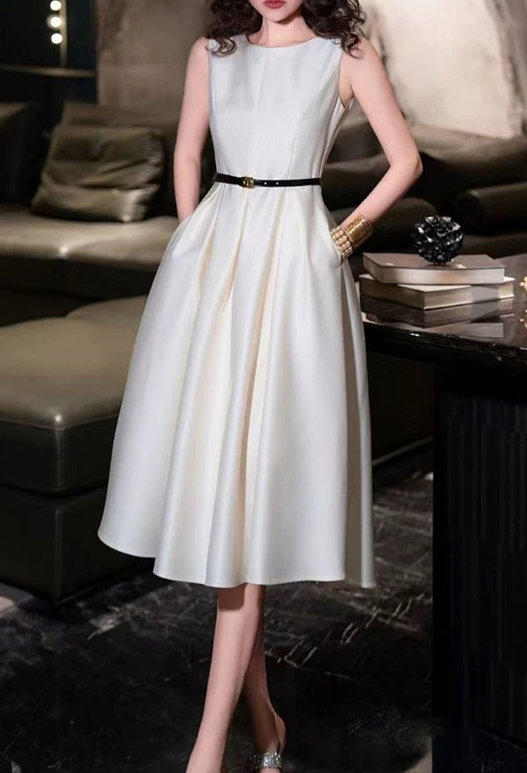 Elegant round neck long dress pinched waist jumpsuit