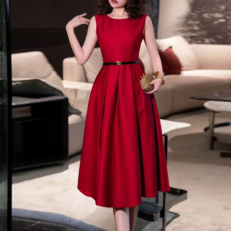 Elegant round neck long dress pinched waist jumpsuit