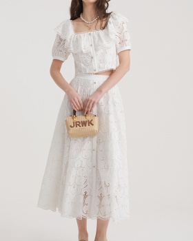 White hollow skirt niche square collar tops 2pcs set