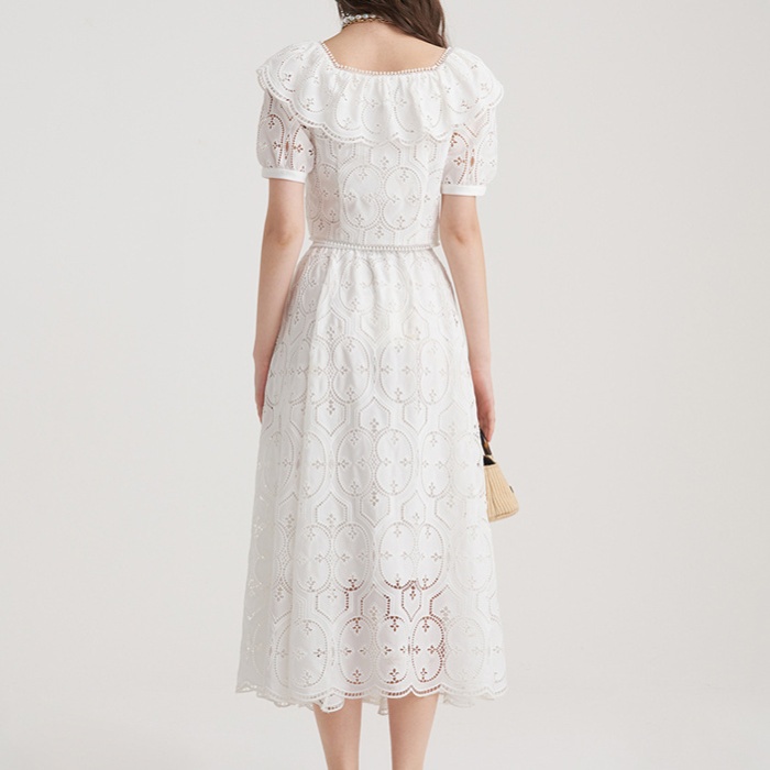 White hollow skirt niche square collar tops 2pcs set