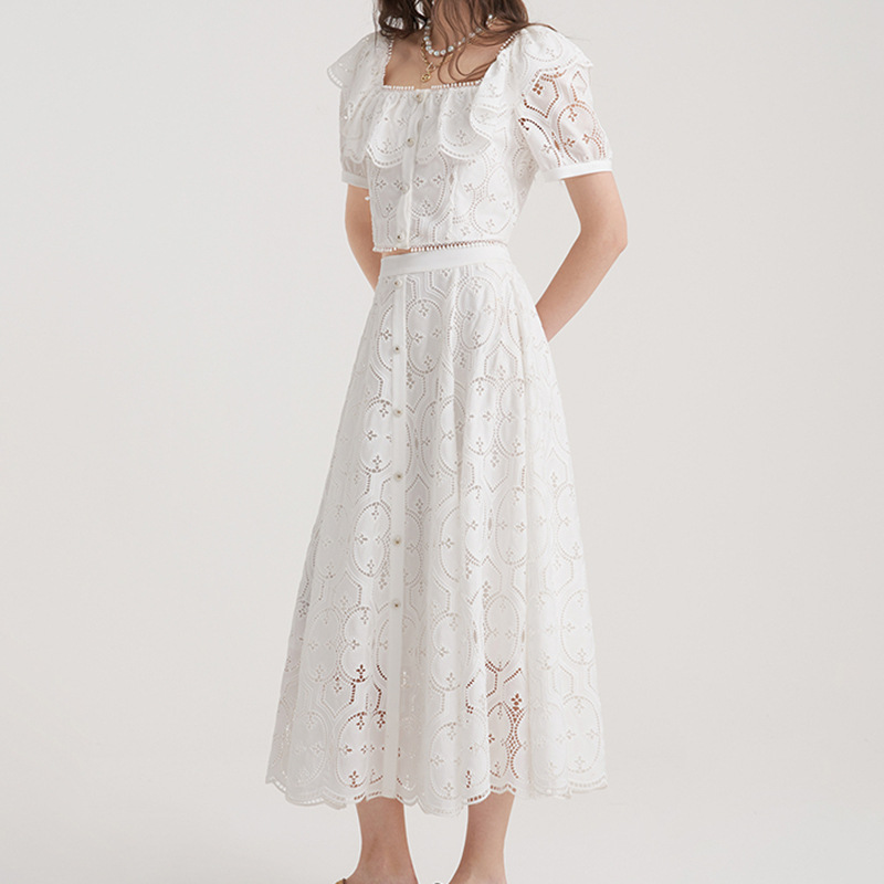 White hollow skirt niche square collar tops 2pcs set