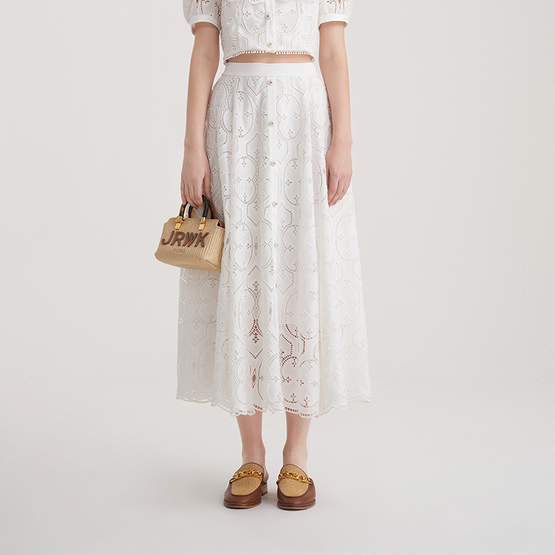 White hollow skirt niche square collar tops 2pcs set