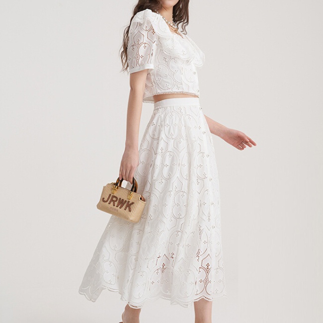White hollow skirt niche square collar tops 2pcs set