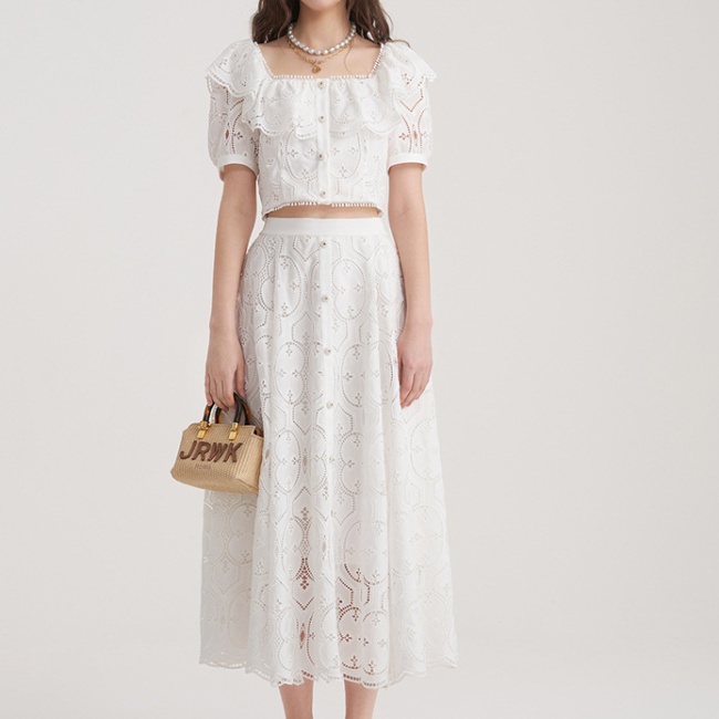 White hollow skirt niche square collar tops 2pcs set