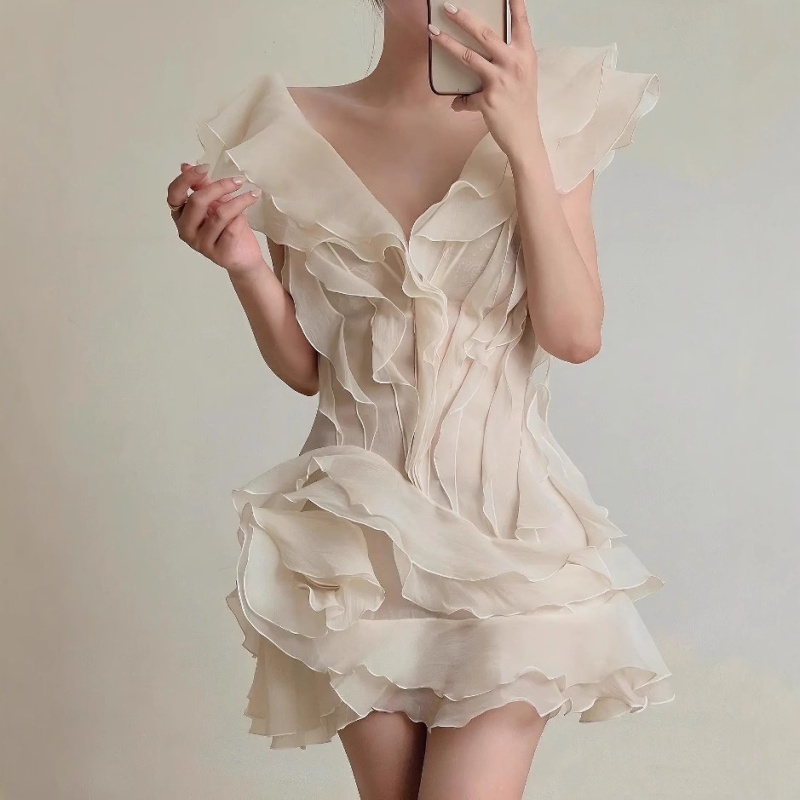 Sexy flat shoulder formal dress V-neck dress