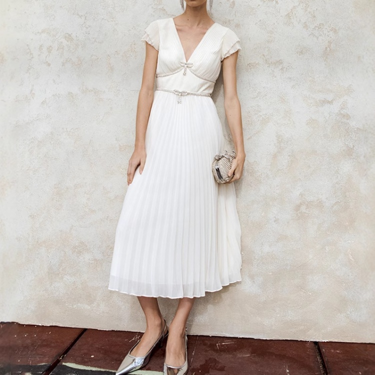 Slim temperament diamond long dress niche pleated dress