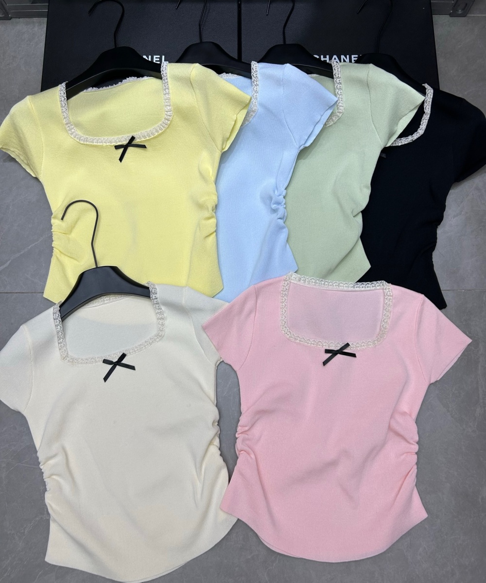 Yellow short tops square collar T-shirt for women