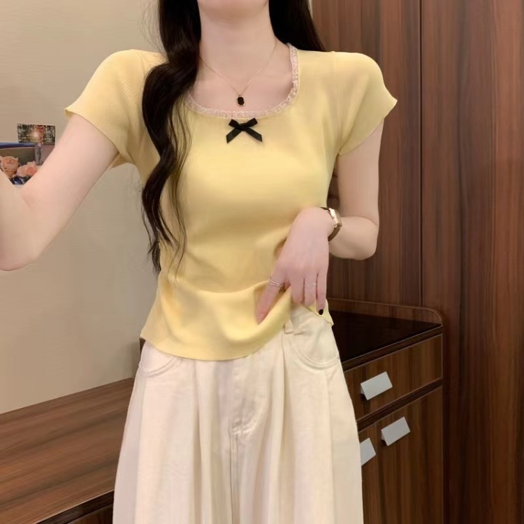 Yellow short tops square collar T-shirt for women