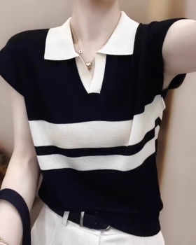 Lapel loose black-white tops thin Casual simple sweater