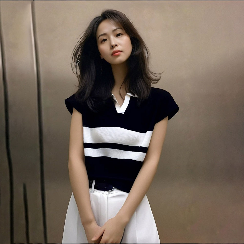Lapel loose black-white tops thin Casual simple sweater