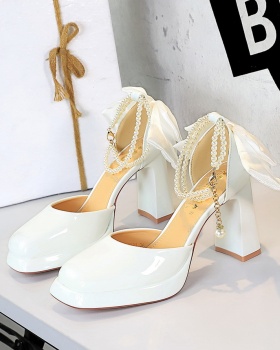 Pearls chain platform bow high-heeled shoes