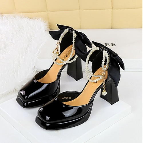 Pearls chain platform bow high-heeled shoes