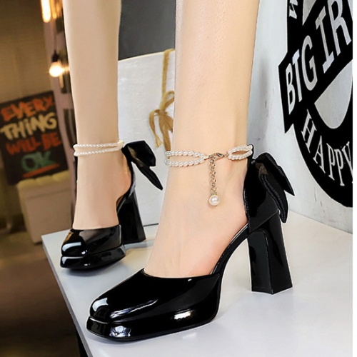 Pearls chain platform bow high-heeled shoes