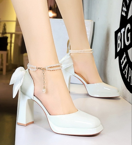 Pearls chain platform bow high-heeled shoes