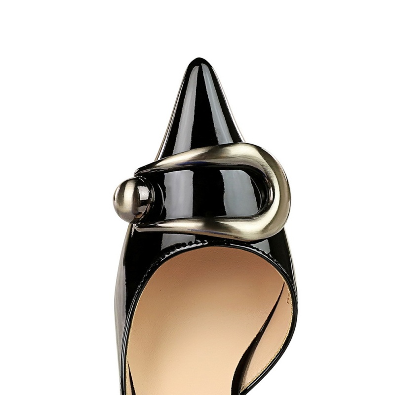 Low metal buckles high-heeled patent leather shoes for women