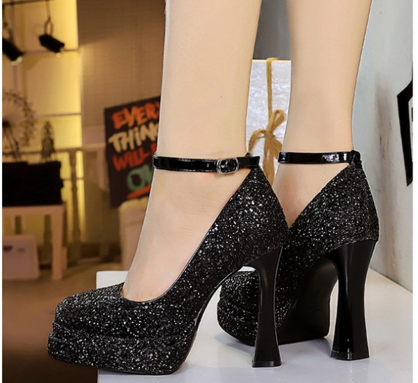 Sequins thick high-heeled shoes low platform for women