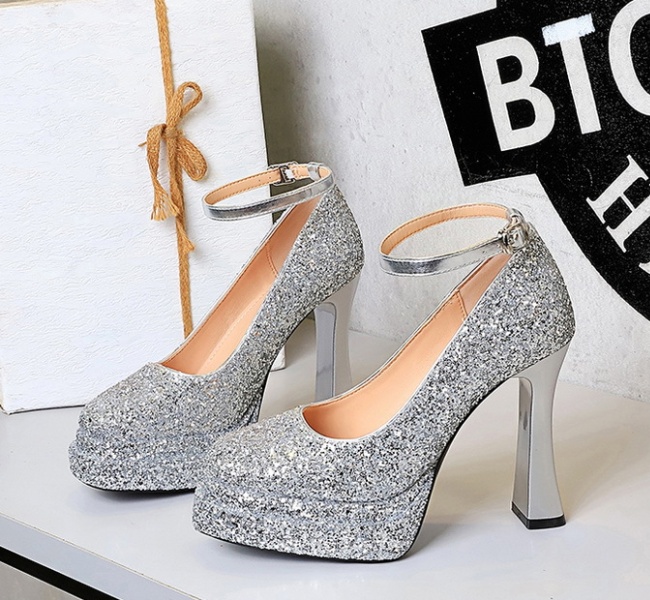 Sequins thick high-heeled shoes low platform for women