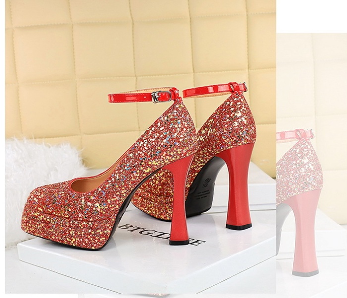 Sequins thick high-heeled shoes low platform for women