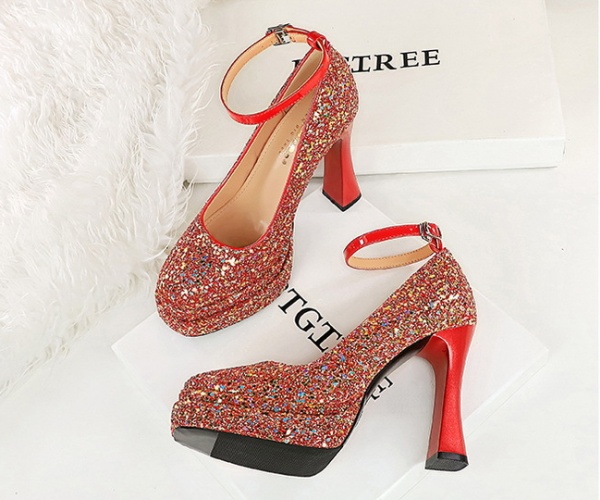 Sequins thick high-heeled shoes low platform for women