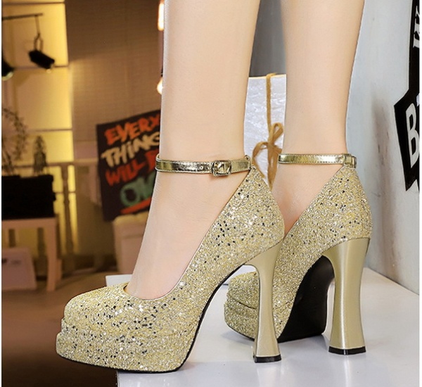 Sequins thick high-heeled shoes low platform for women
